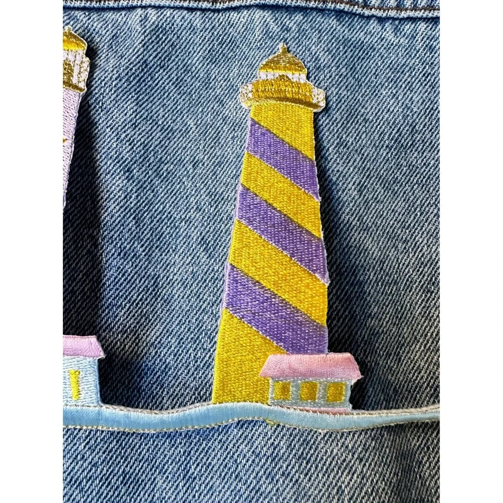 Lighthouse Trio iron On Patch Embroidered Pastel Yellow‎ Pink Coastal Nautical